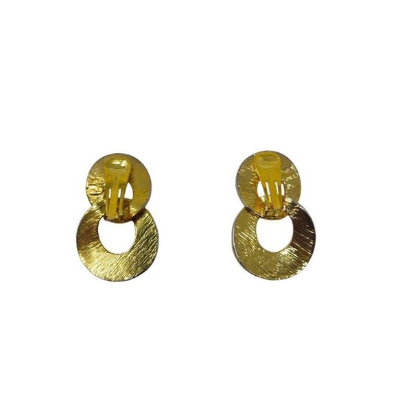 Vintage KJL Gold-Tone Textured Double Circle Clip-On Earrings | Boho Style | 2" - Picture 7 of 9